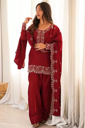 Maroon roman silk embroidered kurta farshi shalwar dupatta set
