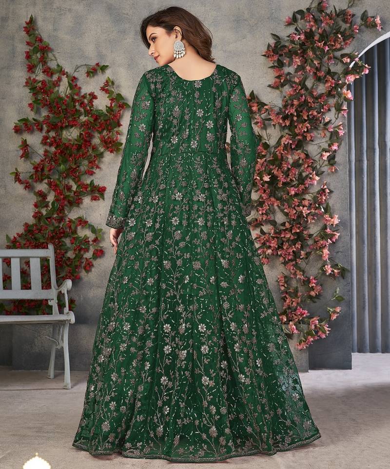 Emerald Green Cording & Heavy Sequins Net Pant-Style Gown