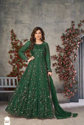 Emerald Green Cording & Heavy Sequins Net Pant-Style Gown 1
