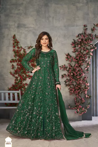 Emerald Green Cording & Heavy Sequins Net Pant-Style Gown