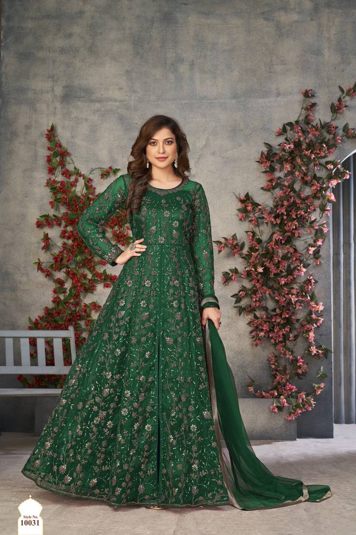 Emerald Green Cording & Heavy Sequins Net Pant-Style Gown