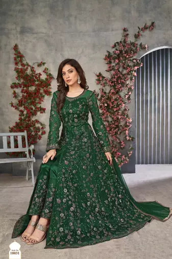 Emerald Green Cording & Heavy Sequins Net Pant-Style Gown
