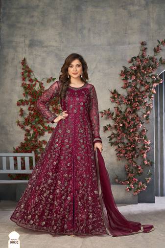 DARK PINK CORDING HEAVY SEQUINS NET SEMI STICHED PANT STYLE GOWN