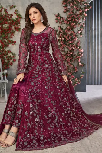 DARK PINK CORDING HEAVY SEQUINS NET SEMI STICHED PANT STYLE GOWN