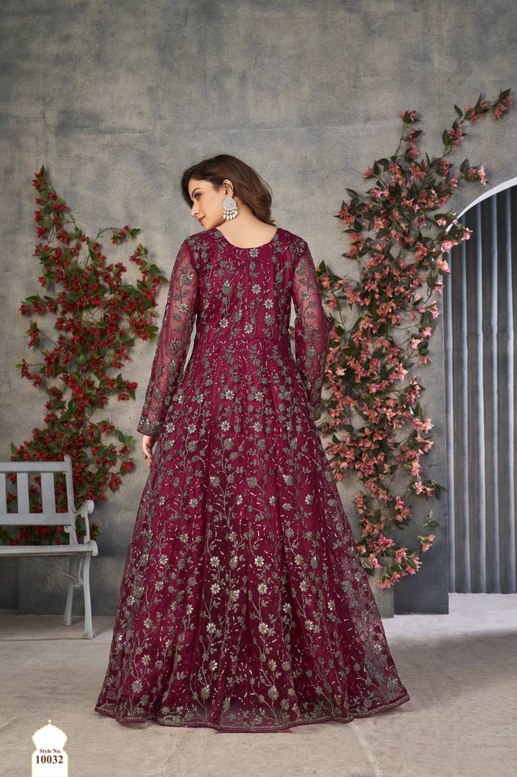 DARK PINK CORDING HEAVY SEQUINS NET SEMI STICHED PANT STYLE GOWN