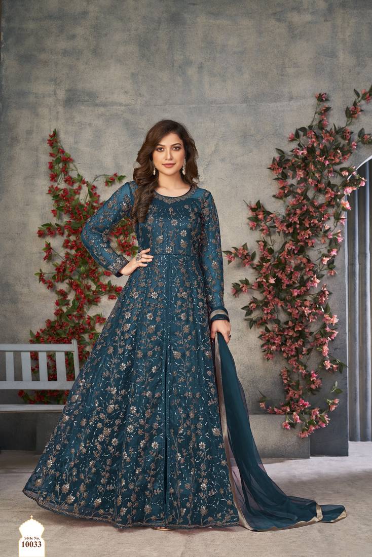 TURQUOISE COLOR CORDING HEAVY SEQUINS NET SEMI STICHED PANT STYLE GOWN