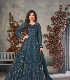 TURQUOISE COLOR CORDING HEAVY SEQUINS NET SEMI STICHED PANT STYLE GOWN