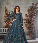 TURQUOISE COLOR CORDING HEAVY SEQUINS NET SEMI STICHED PANT STYLE GOWN