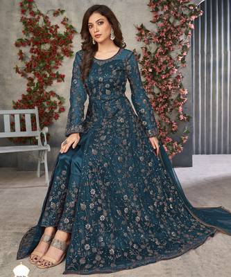 TURQUOISE COLOR CORDING HEAVY SEQUINS NET SEMI STICHED PANT STYLE GOWN 2