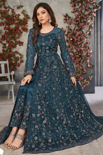 TURQUOISE COLOR CORDING HEAVY SEQUINS NET SEMI STICHED PANT STYLE GOWN
