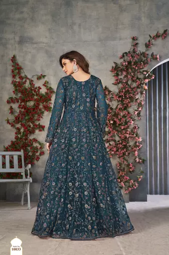 TURQUOISE COLOR CORDING HEAVY SEQUINS NET SEMI STICHED PANT STYLE GOWN