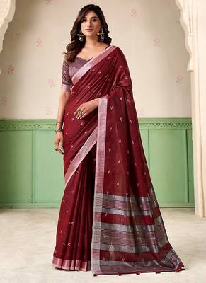 Maroon linen cotton saree with silver zari border & woven buti design 2