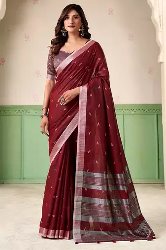 Maroon linen cotton saree with silver zari border & woven buti design