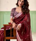 Maroon linen cotton saree with silver zari border & woven buti design