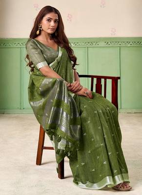 Olive linen cotton saree with silver zari border & woven buti design 3