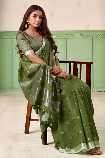 Olive linen cotton saree with silver zari border & woven buti design