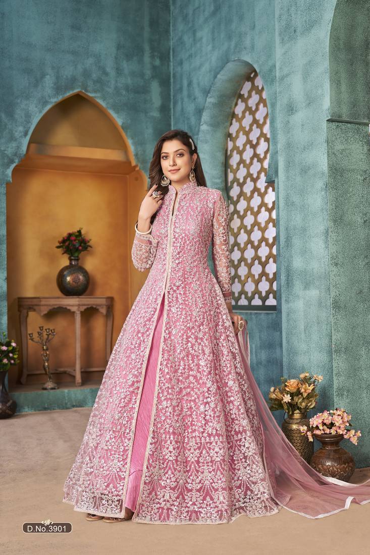 PINK COLOR CORDING HEAVY SEQUINS NET SEMI STICHED PANT STYLE GOWN
