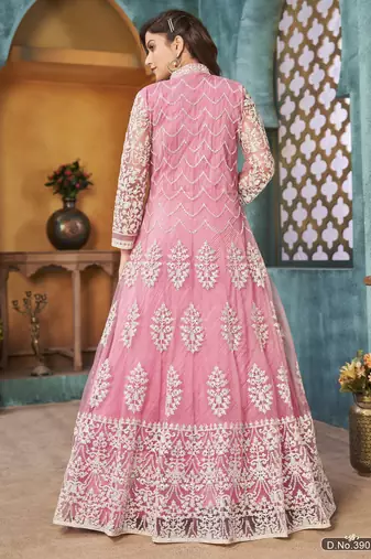 PINK COLOR CORDING HEAVY SEQUINS NET SEMI STICHED PANT STYLE GOWN