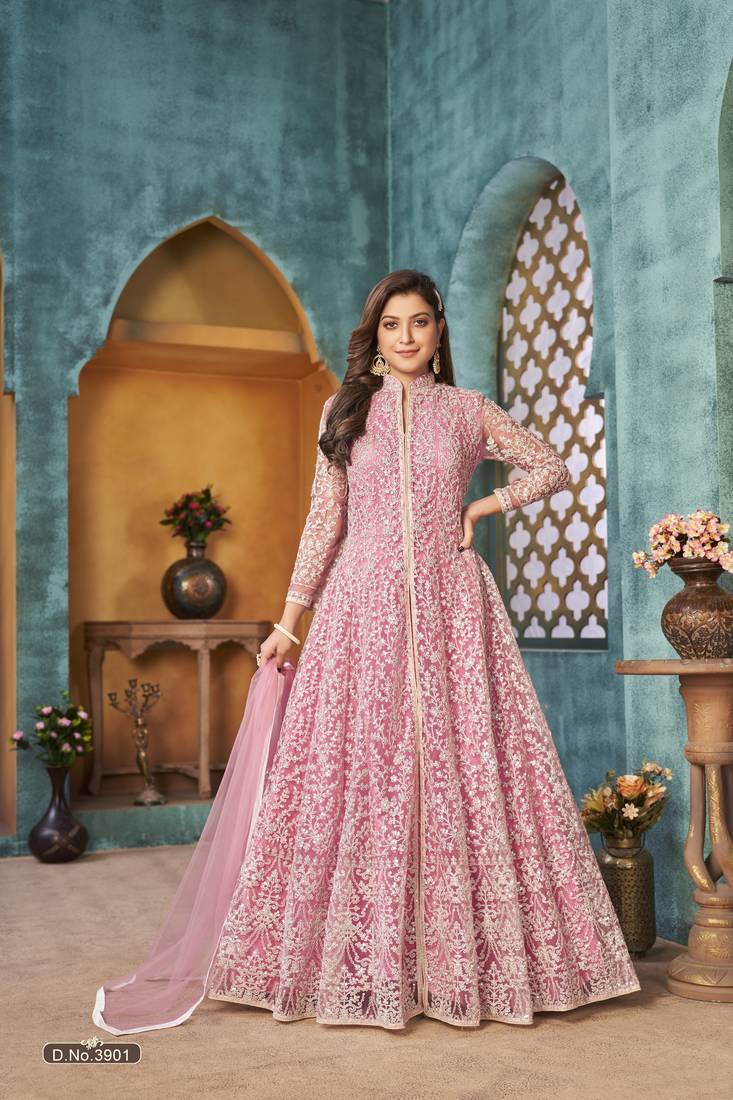 PINK COLOR CORDING HEAVY SEQUINS NET SEMI STICHED PANT STYLE GOWN