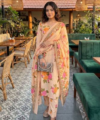 peach cotton straight kurta pant dupatta set 1