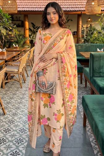 peach cotton straight kurta pant dupatta set