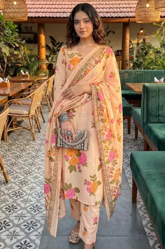 peach cotton straight kurta pant dupatta set