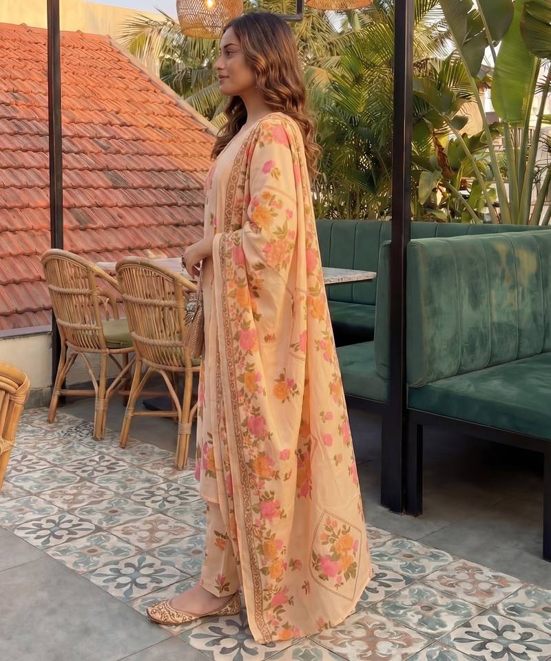 peach cotton straight kurta pant dupatta set