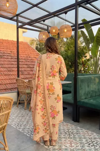peach cotton straight kurta pant dupatta set
