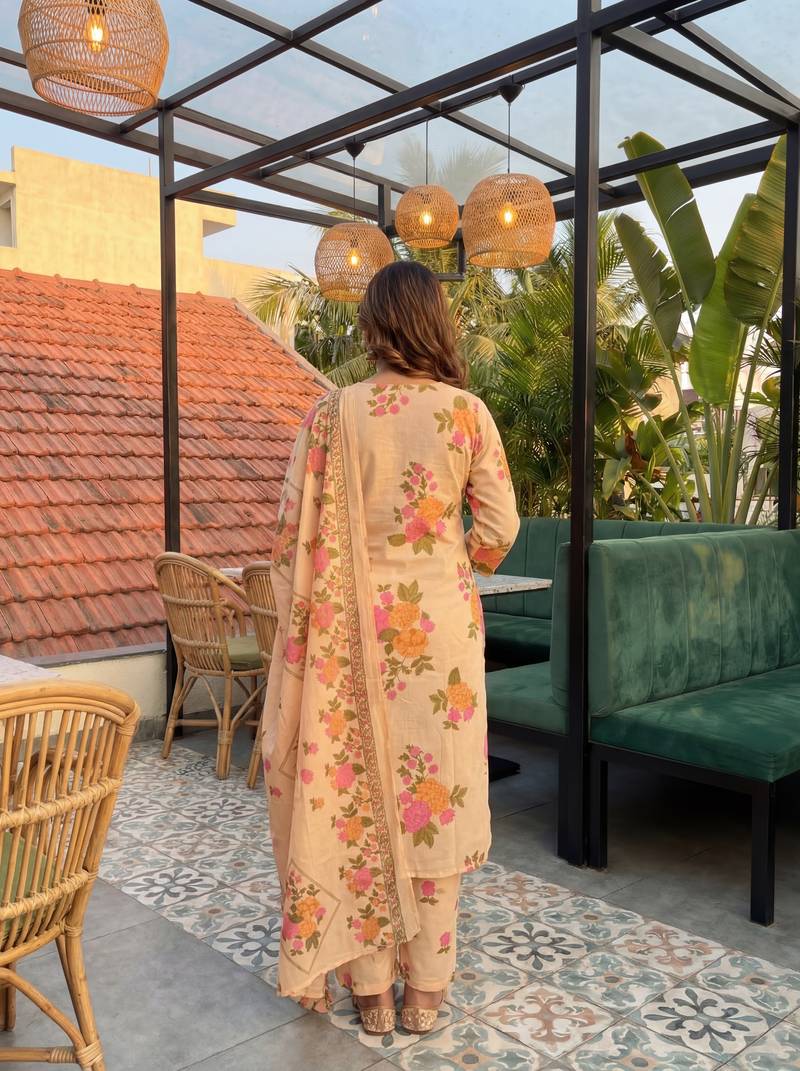 peach cotton straight kurta pant dupatta set