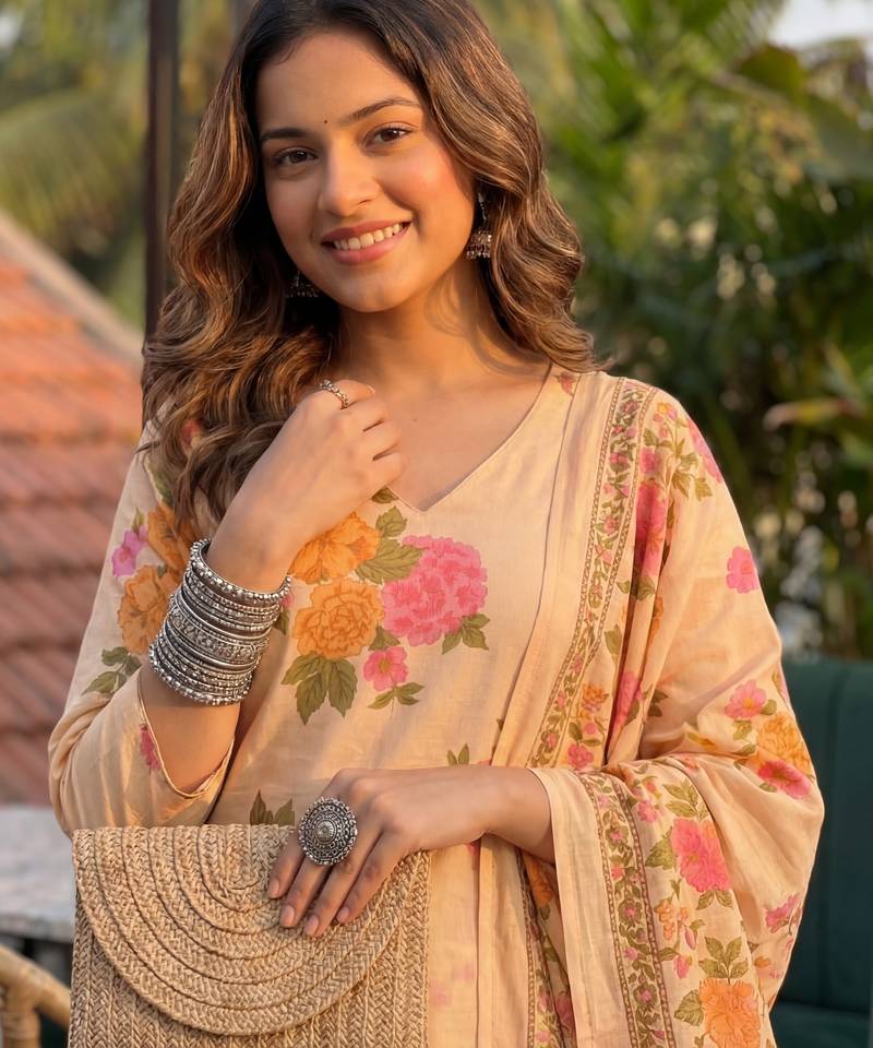 peach cotton straight kurta pant dupatta set