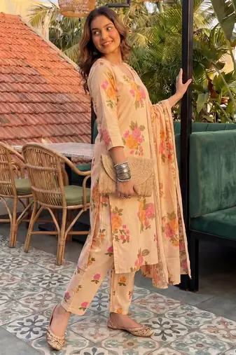 peach cotton straight kurta pant dupatta set