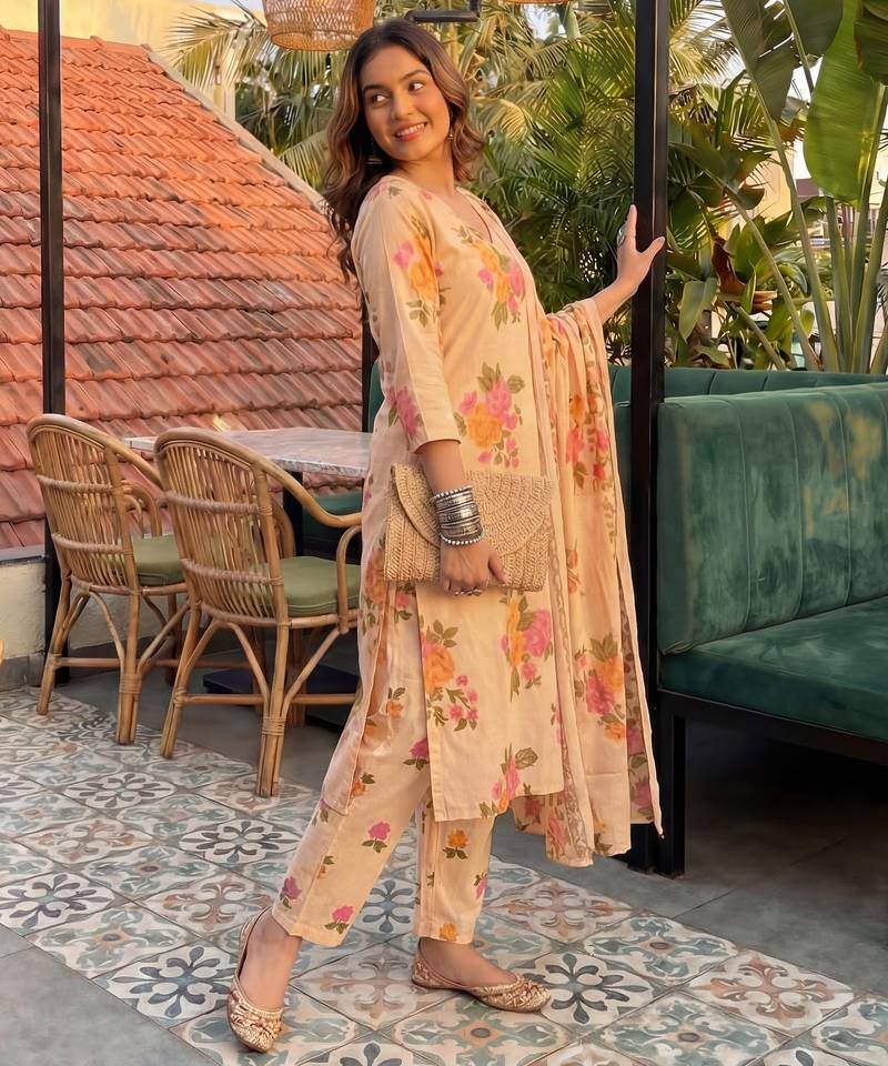 peach cotton straight kurta pant dupatta set