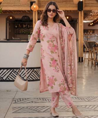 pink cotton straight kurta pant dupatta set 1