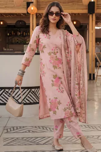 pink cotton straight kurta pant dupatta set