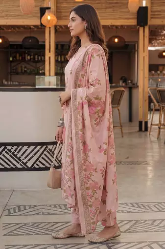 pink cotton straight kurta pant dupatta set