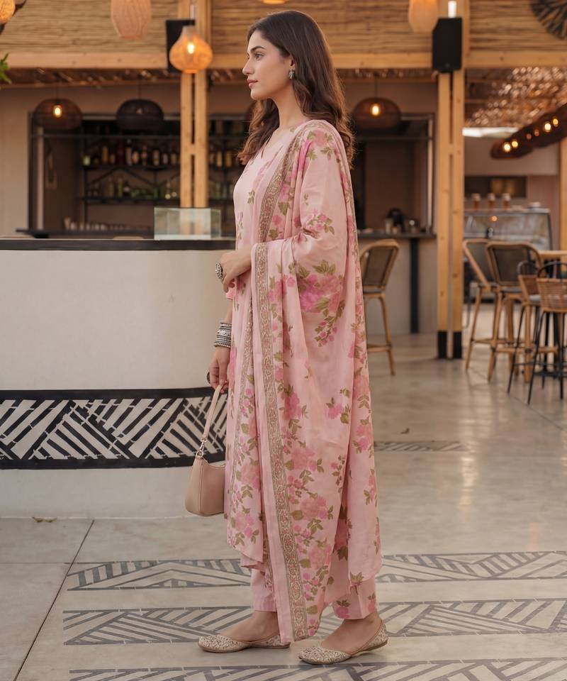 pink cotton straight kurta pant dupatta set