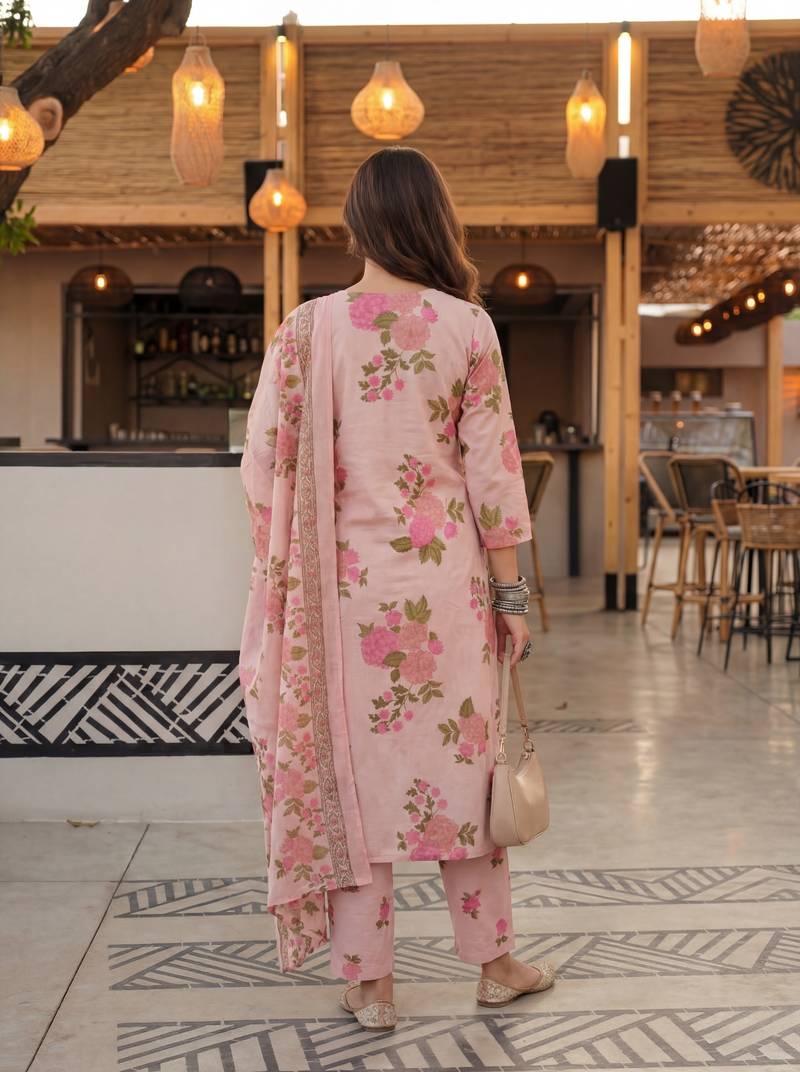 pink cotton straight kurta pant dupatta set