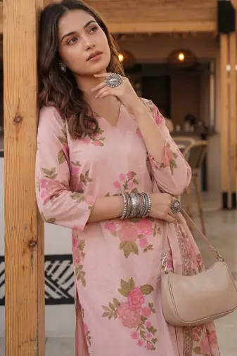 pink cotton straight kurta pant dupatta set