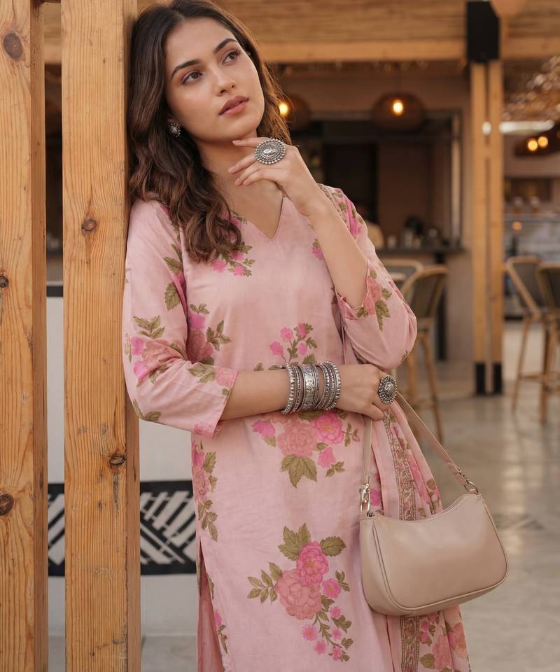 pink cotton straight kurta pant dupatta set