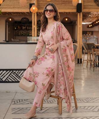 pink cotton straight kurta pant dupatta set 5