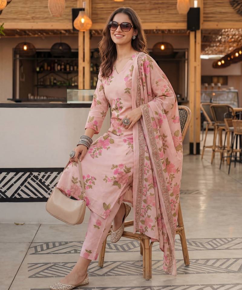 pink cotton straight kurta pant dupatta set