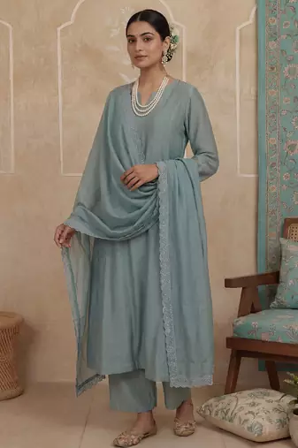 turquoise blue solid a-line design lining kurta trouser dupatta set