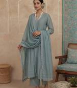 turquoise blue solid a-line design lining kurta trouser dupatta set