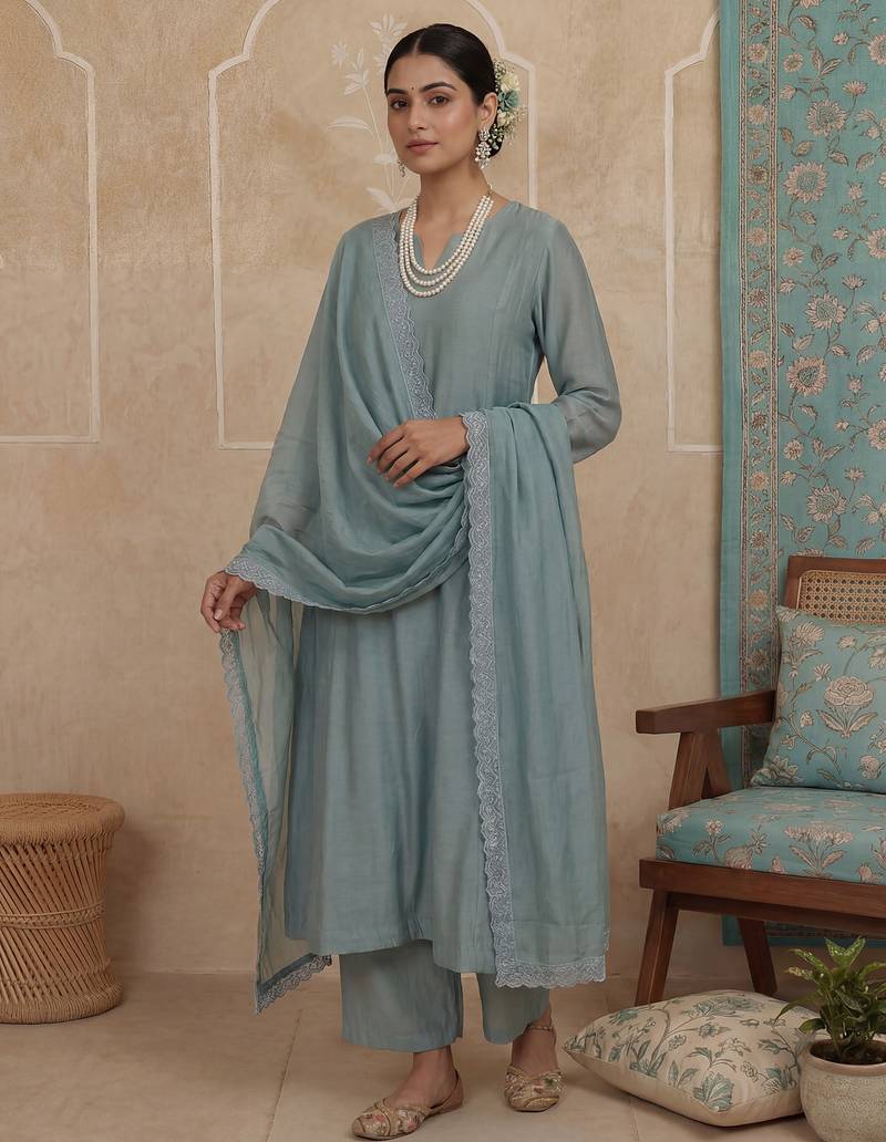 turquoise blue solid a-line design lining kurta trouser dupatta set