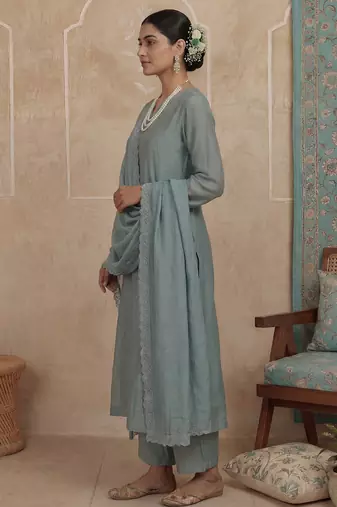 turquoise blue solid a-line design lining kurta trouser dupatta set