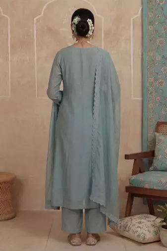 turquoise blue solid a-line design lining kurta trouser dupatta set