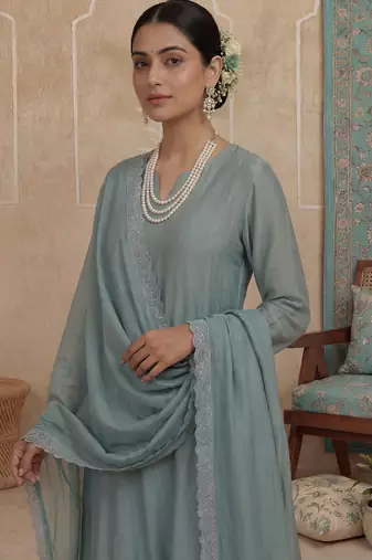 turquoise blue solid a-line design lining kurta trouser dupatta set