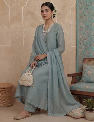 turquoise blue solid a-line design lining kurta trouser dupatta set 5