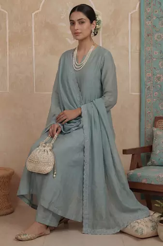 turquoise blue solid a-line design lining kurta trouser dupatta set
