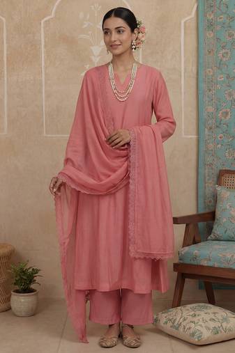 pink solid a-line design lining kurta trouser dupatta set